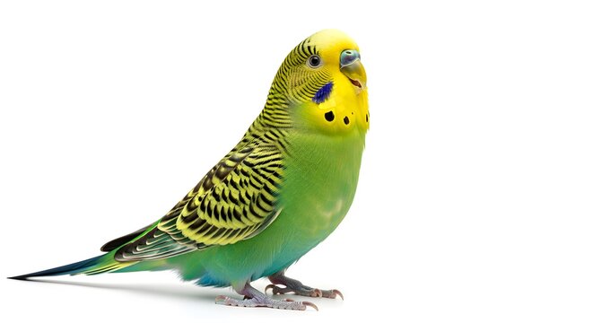 A creatively enhanced rephrasing of parakeet standing with clean bright feathers, cheerful expression, isolated on white, depicted with richer detail and a more artistic presentation.