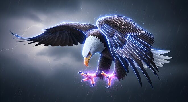 A creatively enhanced rephrasing of eagle diving with neon talons extended, electric glow outlining body, depicted with richer detail and a more artistic presentation.