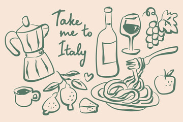 Fototapeta premium Italy food travel set green doodle pattern vector