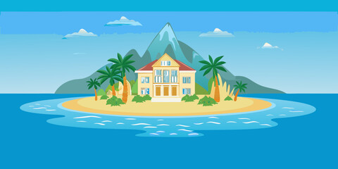 Obraz premium Tropical island with a large mansion and palm trees illustration
