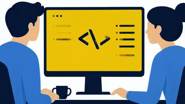 A stylized flat vector illustration of a man and woman collaborating at a computer, representing professional teamwork and modern software development processes in a clean digital workspace environmen