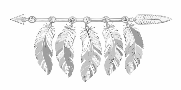 Arrow with feathers tribal style illustration on white background
