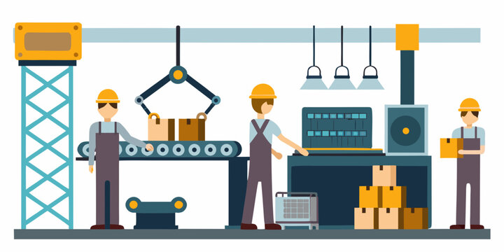 Industrial factory workers and assembly line flat vector illustration