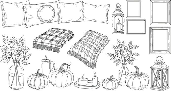 Cozy Fall Decor Collection Featuring Pillows, Blankets, Pumpkins, Lanterns, and Candles in Black and White Sketch Style
