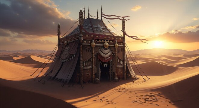 Ornate Desert Tent Digital Illustration at Sunset in Vast Sand Dunes, Travel and Adventure