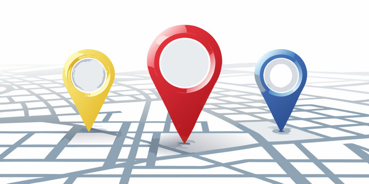three colorful map markers on a city map vector illustration