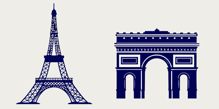 Blue silhouettes of the eiffel tower and arc de triomphe