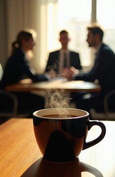 Dark mug of hot coffee steams in foreground. Blurred people in suits talk at table in sunlit office. Business meeting discussion over warm beverage.