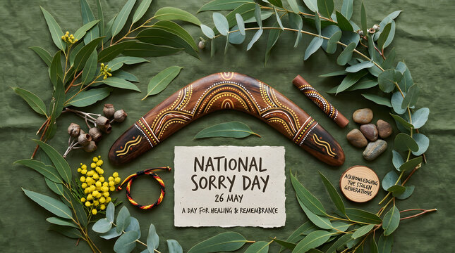 National Sorry Day Poster with Aboriginal Boomerang and Cultural