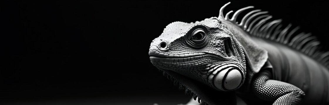 Black and white iguana face close up portrait. Reptile eye detail, scaly skin texture, spiky crest. Wild animal side view, dark background, dramatic lighting.