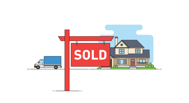 A prominent red sign reading sold stands prominently in the foreground with a blue delivery truck and a suburban house visible in the clean background.