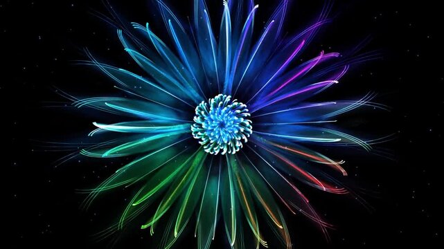 Abstract digital art with a glowing blue flower with white petals and green and blue light streaks radiating outward, creating a dynamic and colorful composition.
