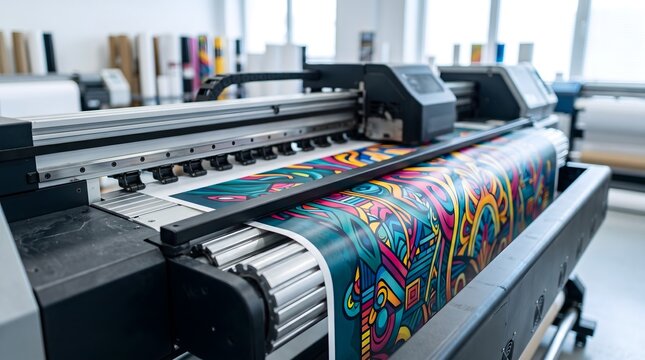 Large Format Digital Printer Producing Vibrant Colorful Graphic Design in a Modern Industrial Workshop