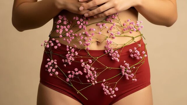 Woman with babys breath flowers on her stomach