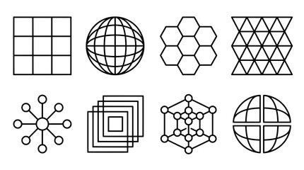 Fototapeta premium Geometric shape icon set outlined sphere grid hexagon and triangle designs