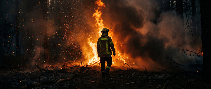 Firefighter walking through forest fighting wildfires during sunset  