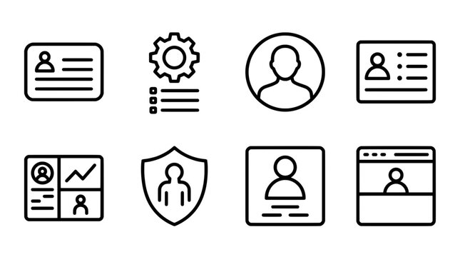 Minimal outline icon set featuring user profiles settings and data visualizations