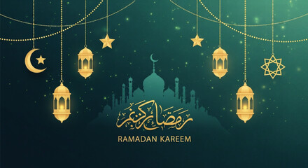 Golden ramadan kareem greeting card design with hanging lanterns and crescent moon illustration against dark green bokeh background for festive islamic events. © Bappy