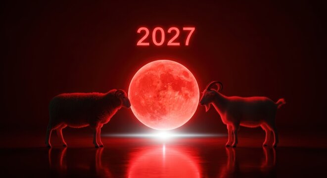 A red moon with the year 2027 and two bulls illustration