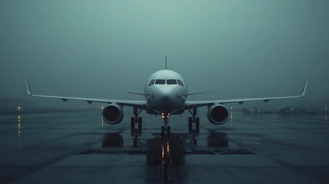 A sleek, modern airplane on a wet runway during foggy or rainy weather, with its headlights and runway lights illuminating the misty atmosphere