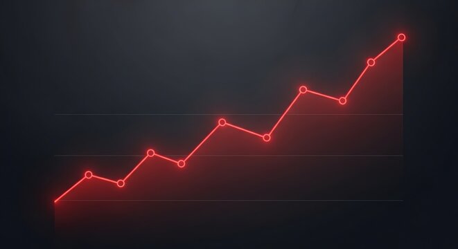 Glowing red neon line graph shows upward trend with circular data points on a dark gradient background, symbolizing growth and success.