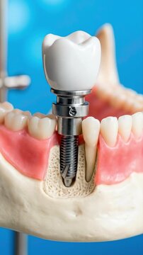 Dental Implant Model With Artificial Tooth In Jawbone. Suitable For Dental Education, Medical Illustration, Patient Demonstration, And Health Care Promotion.
