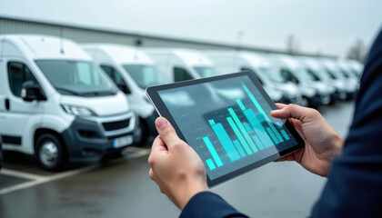 Obraz premium Man holds tablet showing analytics charts. Vans parked in background, indicating fleet management analysis. Logistics professional reviews data on digital screen.