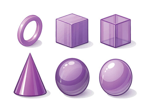 Set of purple 3d geometric shapes including torus cone cube and spheres on white background  various shiny objects