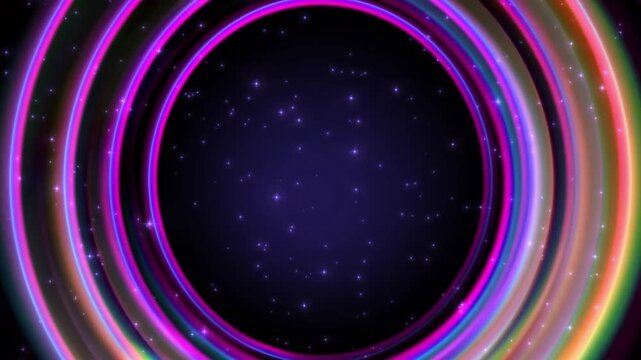 Abstract colorful glowing circle in space with stars on dark background.