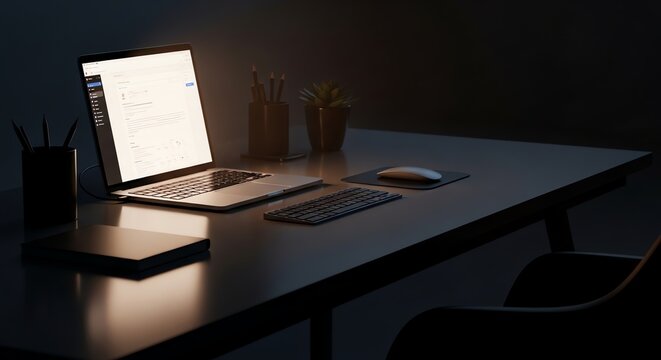 Modern minimalist desk setup with illuminated laptop, keyboard, mouse, plant, and stationery, ideal for work, study, or home office ambiance, dark background.