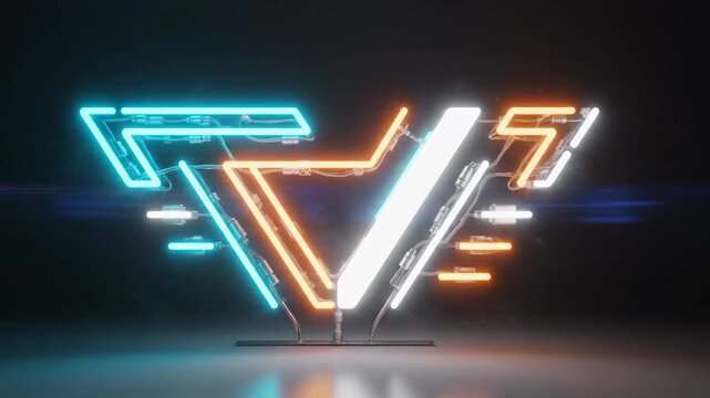 Vibrant triangular digital emblem glows with a striking fusion of electric blue and warm orange neon, conveying a futuristic technological aesthetic against a dark, reflective ground, hinting