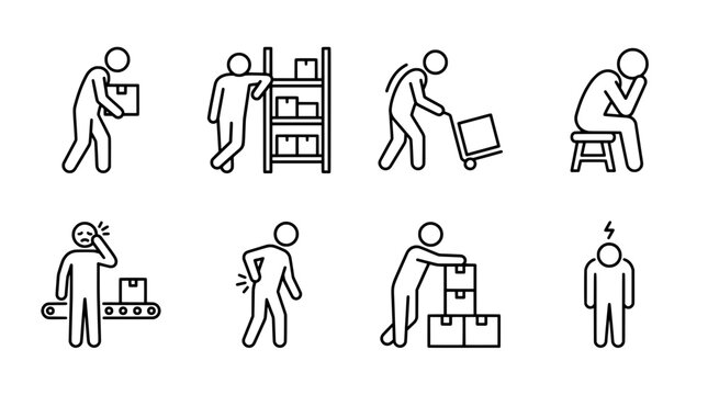 Outline icon set depicting various physical strains and symptoms