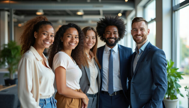 Diverse group of smiling business people stand in modern office near large window. Teamwork and success visible in happy co-workers posing together in pro workspace.