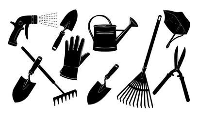 Garden lawn care silhouette icon vector set with hose spray shovel rake and tools black design © SHAHADAT