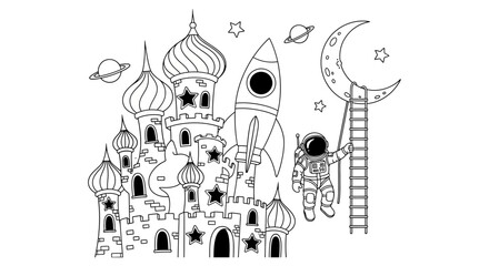 Astronaut climbing a ladder to the crescent moon stands beside a grand palace and a rocket ship in this imaginative black and white line drawing created for creative educational coloring activities. © Masuk Sat