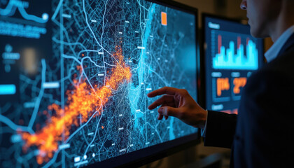 Obraz premium Man studies digital map with disaster simulation on screens. Interactive interface shows earthquake and flood data. Data analysis for emergency response planning. Modern tech display.