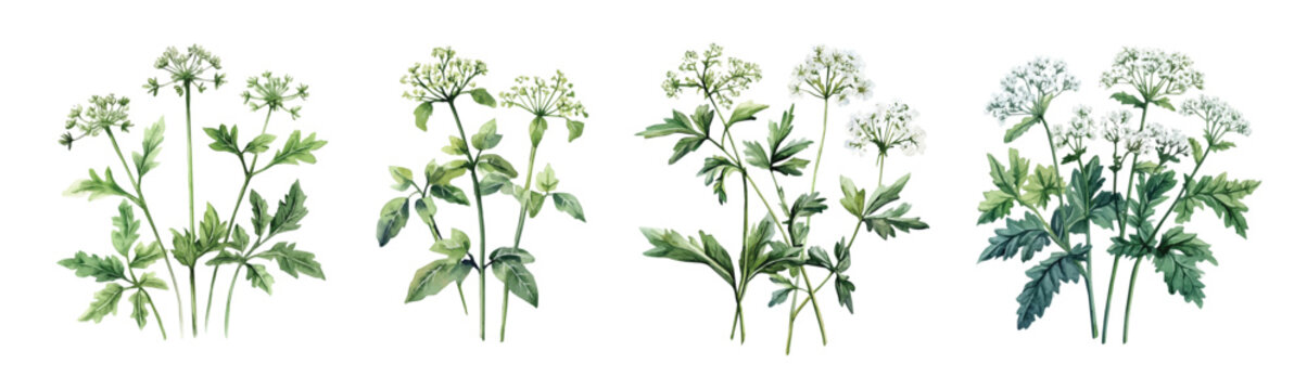 Collection of sweet cicely plant painting, Minimal yet artistic elements for creative designs. hand-drawn paint, Simple Illustration, A beautiful painting isolated on a white background