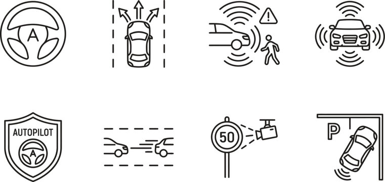 Autonomous vehicle technology line icons