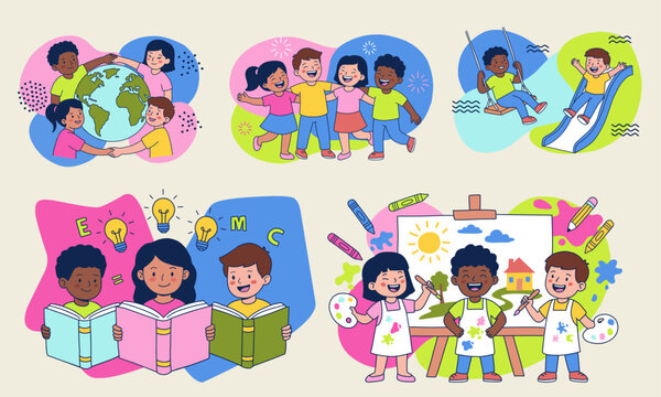 Future Generation Empowerment Bundle. Vibrant Diverse Kids Character Set for Educational Media. Modern Flat Illustration of Children Playing, Painting, and Studying Together.