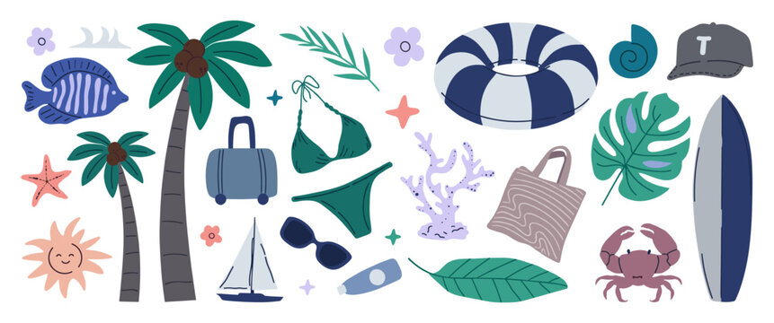 Collection of summer beach vacation objects and tropical elements with palm tree inflatable ring t shirt vacation tropical elements illustration swimsuit sunglasses surfboard suitcase