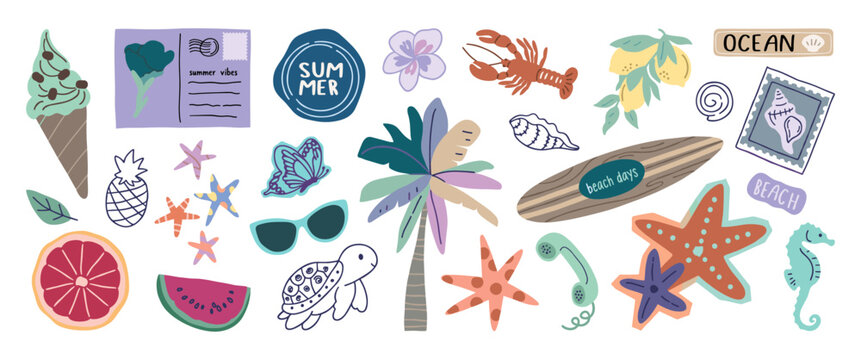 Summer travel collection with passport ice cream tropical icons collection passport tropical illustration watermelon surfboard sunglasses starfish seahorse pineapple vacation stylized