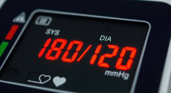 Severe hypertension condition, showing dangerous arterial blood pressure elevation, with critical systolic and diastolic readings indicating significant vascular strain