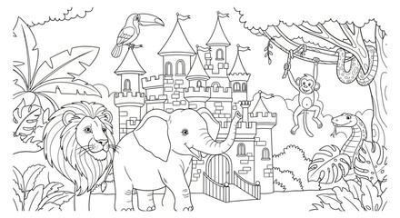 Obraz premium Lion, elephant, monkey, toucan, and snake gather around a medieval castle located deep within a lush tropical jungle environment in this complex coloring book illustration for creative students.