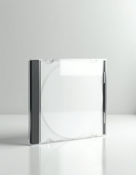 Blank CD case with grey spine stands on glossy white surface. Clear plastic cover holds empty white disc. Minimalist design, digital media storage solution.