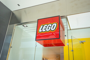 Naklejka premium April 13 2026 - Calgary alberta Canada - Lego toyshop sign in mall