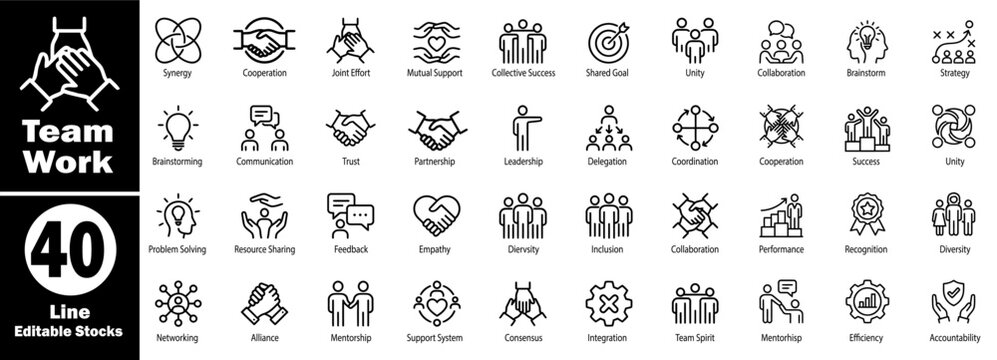 Teamwork line icons. Showing of synergy, cooperation, joint effort, mutual support, collective success, shared goal, unity, and collaboration.