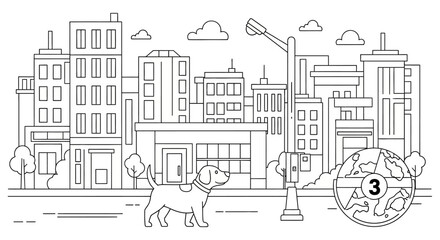 Dog stands on a city street in front of tall urban buildings and a street lamp while a circular globe icon featuring a number three is positioned in the corner of this detailed coloring page design. © Masuk Sat