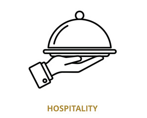 Fototapeta premium Hand holding food serving dish cloche with lid, hospitality concept illustration, restaurant service, fine dining, catered event symbol, culinary experience.
