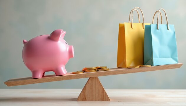 Pink piggy bank with gold coins on one side of wooden seesaw and shopping bags on other. Concept of balancing savings versus spending habits. Financial choices. Budgeting.
