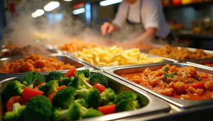 Obraz premium Food market buffet with various hot dishes. Steam rises from trays of fries, curry, broccoli, and rice. Chef serves food in cafeteria line. Customers choose meals.